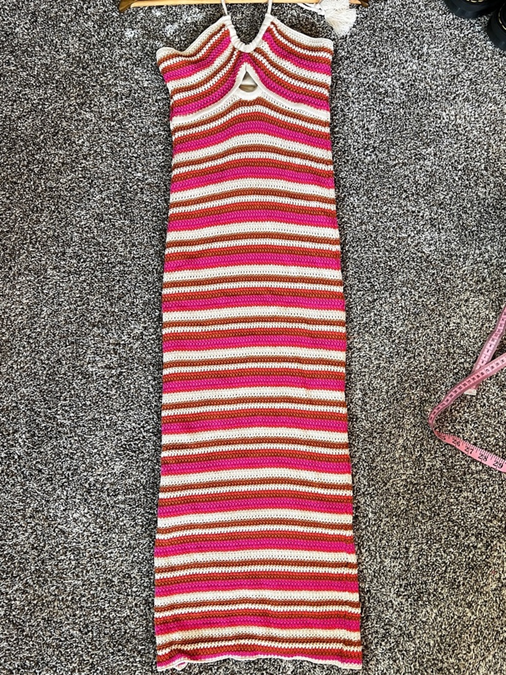 Striped Crochet Halter Maxi Dress - Pink, White & Brown Stripes